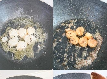 step1: 醃帶子，蘑菇、洋蔥、蒜頭切碎，用牛油煎香帶子。