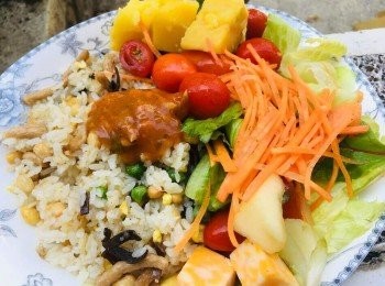 step3: 加碼放點剛剛的酪梨、蘿蔔、葡萄、生菜等等擺盤放在旁邊，
素食炒飯佐全素蘑菇醬看起來真是色香味俱全~
養生又好吃!!