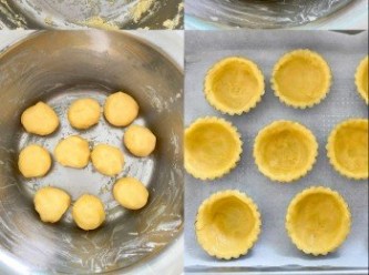 step5: 麵團平均分成10份，先搓成球狀，再壓平
放於蛋撻模中，按壓底部和邊位，冷藏一小時