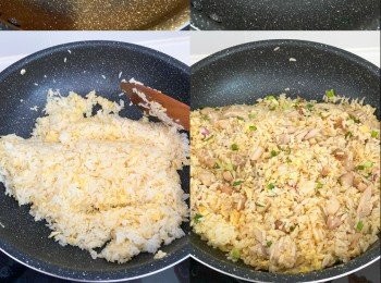 step2: 再炒蛋至半熟，加入冷飯一齊炒，讓飯粒沾滿蛋液
加入老抽，雞粒、鮑魚、葱粒一同炒勻 即可