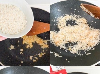 step3: 加入意大利飯炒均勻，加入白酒炒均勻，分幾次加入雞湯炒均勻，讓意大利飯慢慢吸收水份