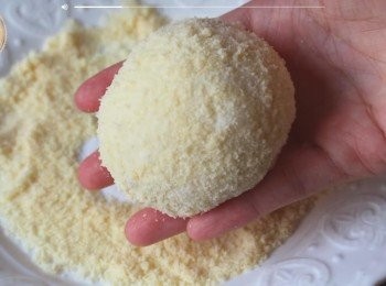 step5: 準備一個碟鋪滿巴馬臣起司粉 
然後將每一個麵團都沾滿 
過多的起司粉用手輕輕拍走