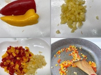 step2: 蒜頭、甜椒切小塊備用後，炒鍋加入少許油，把蒜頭爆香，加入甜椒拌炒一下