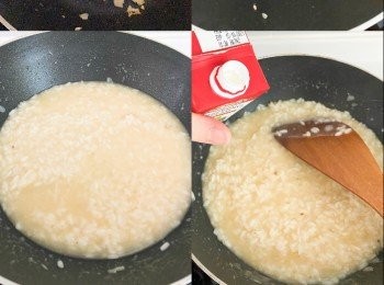 step4: 加入忌廉炒均勻，加入芝士碎炒均勻，落黑胡椒、鹽作調味即可