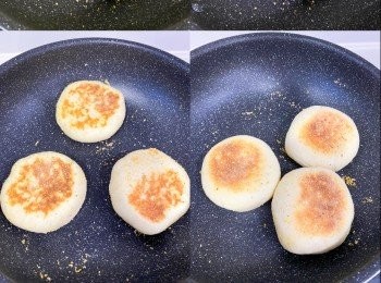 step5: 平底鑊抺上少許橄欖油
細火煎熟兩邊至淡啡色，每邊大約5分鐘，可加蓋再焗熟