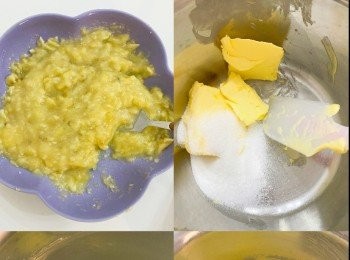 step2: 用叉壓蓉香蕉
打散室溫牛油、加入糖、雲尼拿油打至呈白色