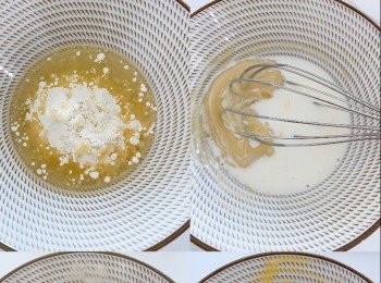 step1: 雞蛋分開蛋白蛋黃
蛋黃中加入菜油、牛奶拌勻