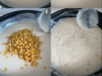 step4: 離火後再加入馬荳拌勻
模具以凍開水沖一沖，以防止痴底
糕糊待涼倒入模具中，雪凍即可