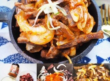 step1: 起油鍋洋蔥絲及牛肉拌半熟。直接拌入台塑義大利肉醬將<span class="group_1">食材</span>炒熟，即可起鍋。