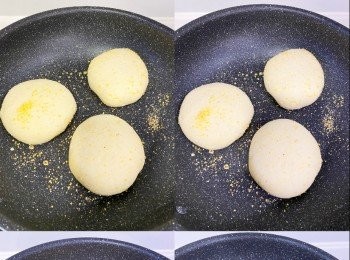 step4: 1小時後，排氣再分成3份，搓成Muffin形
再發酵1小時
麵糰底面沾上粟米麵粉