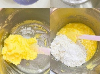 step3: 打散雞蛋，分幾次加入至牛油糊中拌勻
篩入低筋麵粉、泡打粉、鹽、糖拌勻