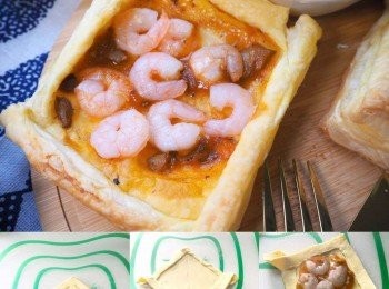 step1: 將起酥皮摺成三角形，在往左右二邊劃一刀不切斷。
左邊切邊拉過去右邊黏住上方，另外右邊切邊也拉過左邊黏住上方