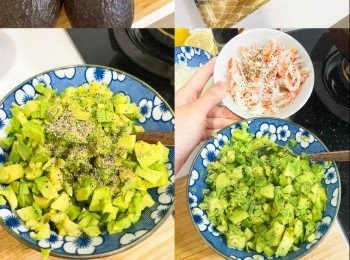 step2: 牛油果切粒，加入調味料拌勻
蟹肉撕成小塊，可加入黑胡椒調味