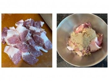 step2: 五花腩肉洗淨切薄片，加入<span class="group_2">醃料</span>醃兩小時