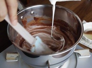 step1: 準備：
●魚膠粉加水預先攪拌混合。

在鍋子中加入朱古力+牛奶+糖+重忌廉，
最後加入魚膠粉溶液。

用小火慢慢攪拌均勻混合。