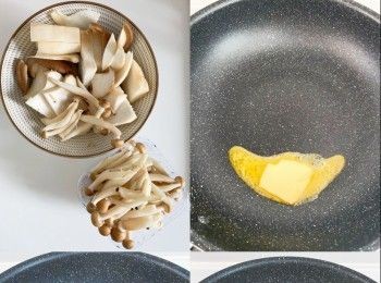 step1: 蘑菇抹淨切片，撕開鴻禧菇
洋蔥去皮切粒，蒜頭切粒
燒熱鑊，加入牛油，爆香洋葱