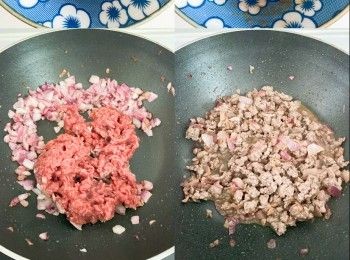 step4: 炒香洋葱/ 紫洋葱至軟身，加入牛肉碎炒熟