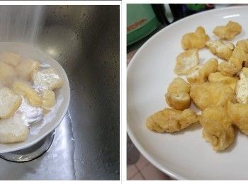 step2: 豆卜切半，  慢火煮3分鐘（水滾後計）； 撈起沖冷水後搾乾備用