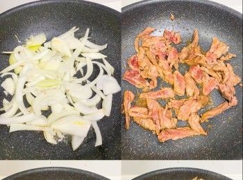 step2: 醃料醃牛柳絲15分鐘，洋葱切絲
煮開烏冬，瀝水備用
爆香薑、蒜蓉、洋葱
加入牛柳絲炒至7成熟