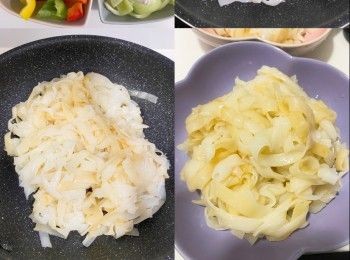 step2: 放落熱油鑊先輕輕煎，再輕力炒
加入生抽、水炒勻，盛起備用