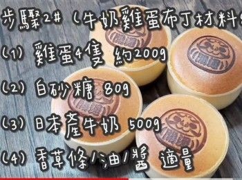 step13: 步驟2# (牛奶雞蛋布丁材料80g/杯)

(1) 雞蛋4隻 約200g
(2) 白砂糖 80g
(3) 日本產牛奶 500g
(4) 香草條/油/醬 適量