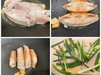 step1: 用醃料醃魚，臨烹調前魚撲上粟粉，用幾片薑片起鑊，再用半煎炸煎魚，魚差不多煎熟盛起備用