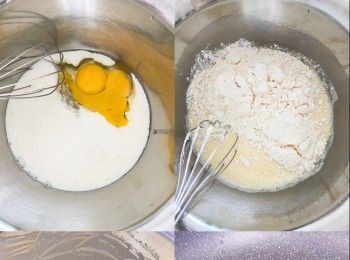 step2: 混合雞蛋、牛奶、油
加入糖、麵粉、泡打粉拌勻至無粉粒