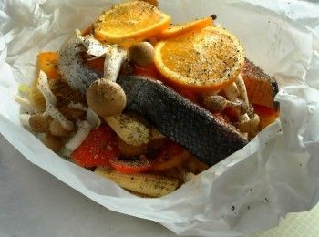 step2: 放上鮭魚後最上面鋪上柳橙片，撒上所有<span class="group_2">調味料</span>，最上面再用烘焙紙覆蓋