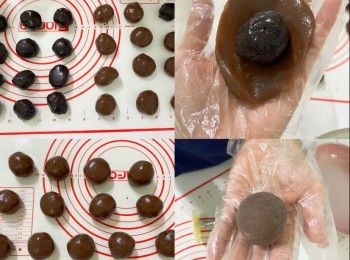 step5: <span class="group_1">朱古力冰皮</span>壓扁，包入<span class="group_2">朱古力饀</span>，搓圓
月餅沾上少許已熟糯米粉，放入模具中