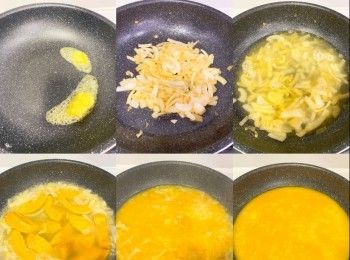 step1: 南瓜去皮，切件，洋蔥切粒
牛油放鑊中，以中細火炒香洋蔥至金黃軟身