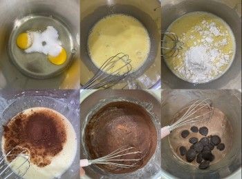 step2: 饀：先混合雞蛋、糖、牛奶
再加入粉類拌勻，加入朱古力