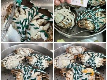 step1: 用牙刷刷大閘蟹爪、蚶和蟹身，大閘蟹從雪櫃取出需回室溫，凍水加入幾片薑，如使用紫蘇葉，紫蘇葉需沖洗一下，用紫蘇包就放在以翻肚的大閘蟹中間，水滾後大閘蟹翻肚放入蒸架，蒸時間約15-18分鐘，見蟹殼呈橙色即完成。如果帶綠色即代表未熟透，請再加時蒸熟。