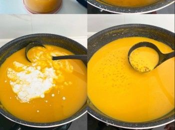 step4: 再放入煲內，加入椰汁、牛奶、西米煮熱