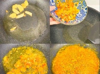 step3: 滾油爆香幾塊薑片，爆出味就可取出薑片
加入蟹粉蟹肉細火炒至金黃色