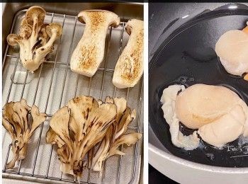 step3: 下油開鍋，三文魚粒和帆立貝煎至兩邊焦香，盛起備用