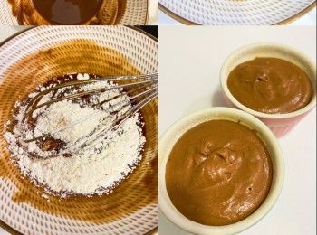 step5: Add flour and mix in.
Transfer the batter to buttered and floured ramekins.
