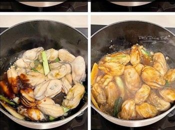 step7: 同一個鍋爆香蒜頭、薑片和蔥白，加入蠔後濽酒，下<span class="group_2">調味料</span>，中火煮至汁變濃稠，加入蔥段炒勻即成