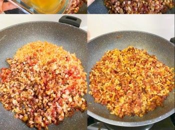 step5: 熱鑊爆香臘腸臘肉，出油後爆香瑤柱蝦米，盛起備用