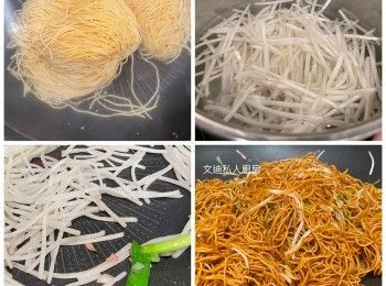 step1: 芽菜摘豆摘尾（可買巳摘芽菜），乾蔥切碎，蔥切段分開蔥白和蔥綠段，麵餅預早用熱水煮開或用滾水浸開，麵餅鬆開後隔去水份，麵餅盡量攤開攤凍備用，芽菜用熱水快手焯一焯，隔水備用。醬料生抽、醬油、蠔油和水混合攪勻備用（如用老抽可加半茶匙糖調味）
