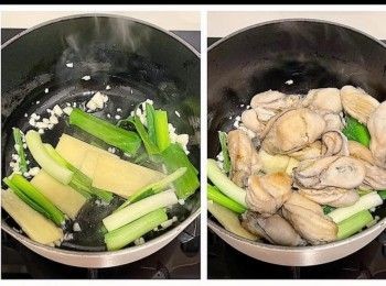 step6: 同一個鍋爆香蒜頭、薑片和蔥白，加入蠔後濽酒，下<span class="group_2">調味料</span>，中火煮至汁變濃稠，加入蔥段炒勻即成