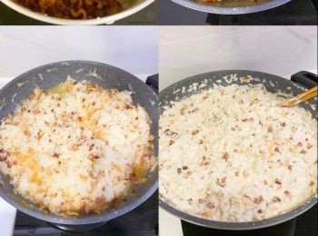 step7: 將臘味粒、瑤柱、蝦米加入蘿蔔絲拌勻（保留少部分放糕面作裝飾）
熄火倒入粉漿，拌匀至糊狀