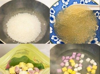 step2: 西米用中大火煲煮5分鐘，熄火焗20分鐘至透明，用網篩沖水過冷河
芋圓熱熟後，過冷河可令其更Q彈