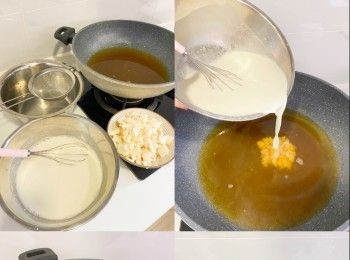 step4: 馬蹄粉水過篩，倒入已溶的糖水溶液中