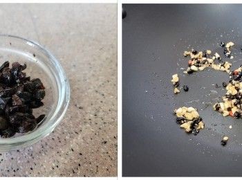 step2: 豆豉用熱水浸數分鐘，倒去水份; 將其中一半剁碎;  
  燒熱2湯匙油， 下半份(1.5湯匙) 蒜蓉及豆豉爆香（不要爆焦，愛辣可加辣椒粒）