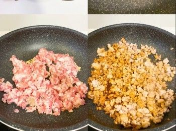 step2: 熱鑊下蒜油炒熟豬肉碎