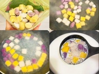 step3: 椰汁、水、冰糖煲滾，加少許鹽調味
加入西米、芋圓即可