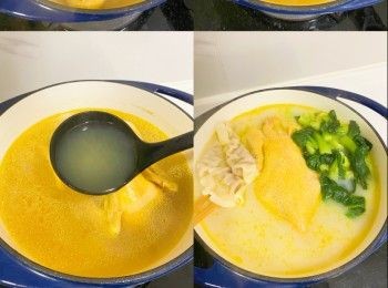 step7: 去除湯中雞油，無糖豆漿加入雞湯中拌勻成奶白色濃湯