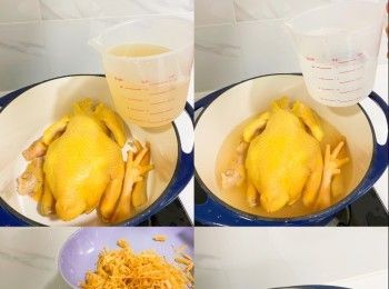 step4: 沖洗雞隻，再放入滾水、清雞湯中，加入金華火腿、瑤柱煲滾