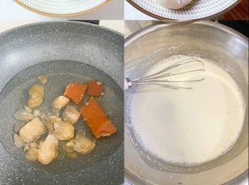 step3: 一半水加入糖煮溶，一半水加入粉拌勻