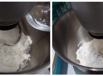 step1: 把高筋粉 / 乾酵母 / 砂糖 / 鹽 / 溫水用廚師機混合 ;   邊攪邊加進油
   **Standby 小許微暖水及高筋粉作調節粉團用； 太乾加點水； 太濕則加點粉